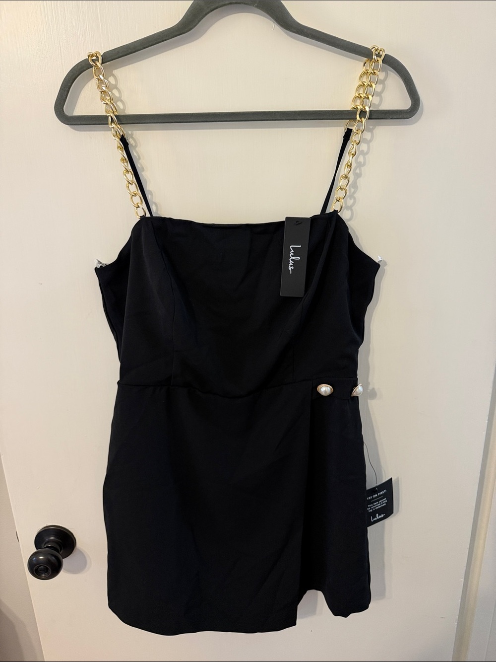 NWT Lulu's Black Chain-Strap Romper with Pearl Accent